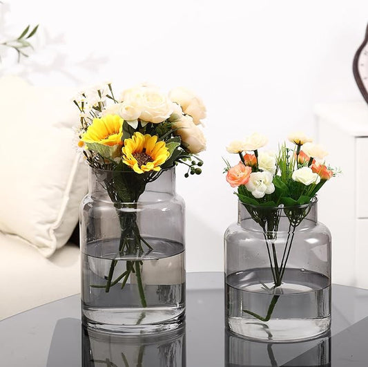 Large Glass Vase, Black Glass Vase Set of 2, Large Flower Vases for Bouquet, Tall Wide Mouth Vases for Flowers, Home, Wedding, Living Room, Office Decor, 7"+9"