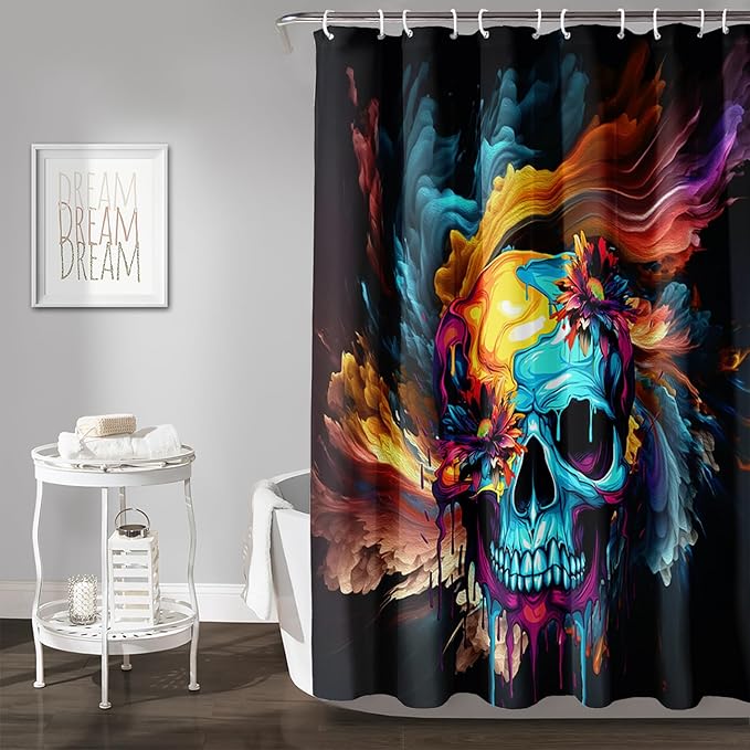AILONEN Sugar Skull Shower Curtain for Bathroom,Romantic Colorful Smoky Skull Bath Curtain,Watercolor Skull Skeleton Decoration Bathroom Waterproof Shower Curtain with 12 Plastic Hooks, 48" W*72" H