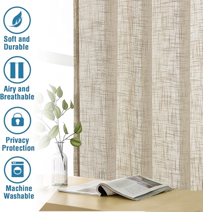 H.VERSAILTEX Linen Curtains Natural Linen Blended Curtains for Living Room Burlap Linen Textured Curtains Light Filtering Nickel Grommet Curtains Bedroom Curtains 2 Panel Sets, 52" x 63", Angora