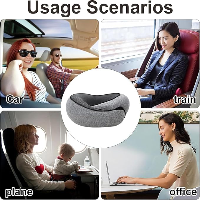 Portable Travel Pillow,Memory Foam Neck Pillow for Travel,Neck Support Pillow for Airplane with Eyemask,Earplugs and Storage Bag(Grey)