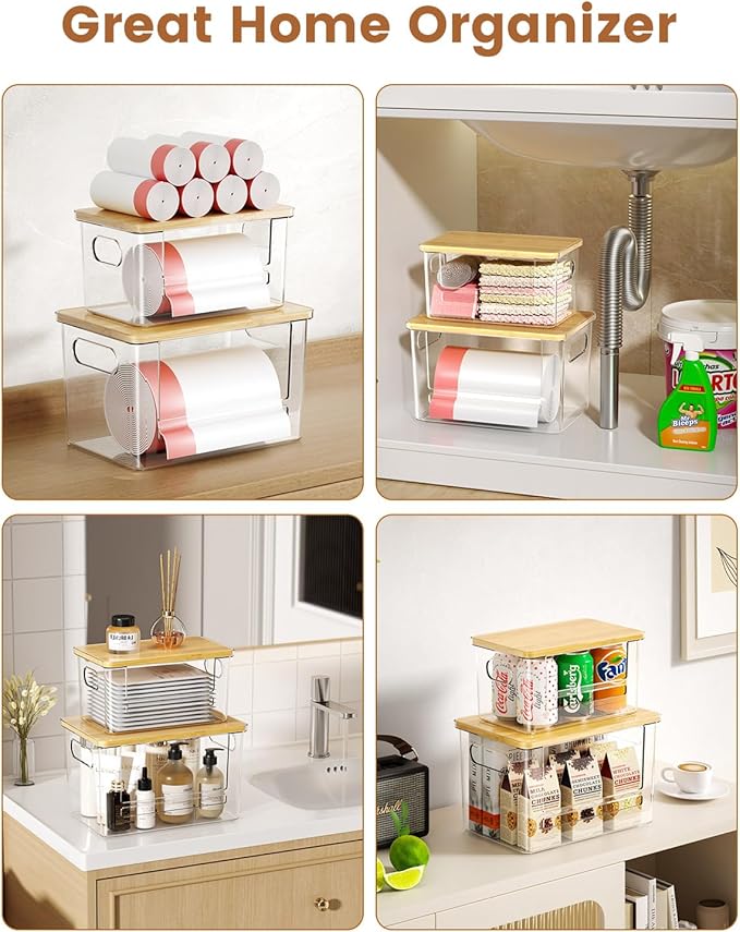 Trash Bag Dispenser 2-Pack, Stackable Trash Bag Holder with Bamboo Lid – Clear Plastic Garbage Bag Organizer for 4-33 Gal Bags, Space-Saving Under Sink Organizer for Kitchen, Laundry, Pantry