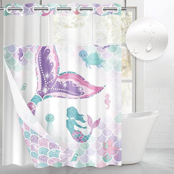 Pink Mermaid Tail Glitter No Hook Shower Curtain with Snap in Liner, Coral Starfish Turtle Bath Curtain with Double Layers Waterproof Fabric and Mesh Top Window 71x74 Inch