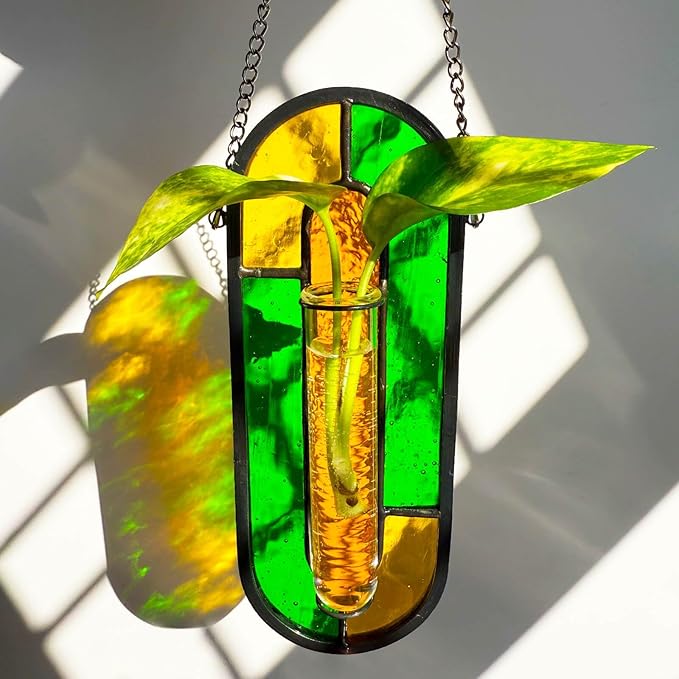 LITMIND Multi-Color Stained Glass Propagation Station - Handcrafted Translucent Suncatcher Planter with 2 Tubes, Hanging Hydroponic Décor for Windows & Garden