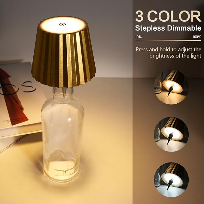 Wine Bottle Lamp, 2025 New 3 Color Rechargeable Wireless Bottle Lamp for Liquor Bottles with Touch Dimming for Parties, Restaurants & Home Decor (Gold)