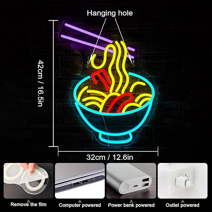 NOSUN Ramen Neon Light for Wall Decor - Noodle Sign for Kitchen, Restaurants, Fast Food - LED Light Up Wall Sign