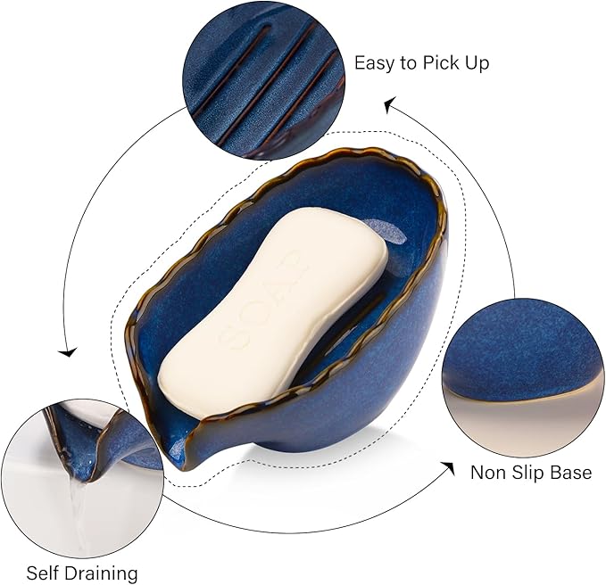 VanEnjoy Dish Washing Soap Holder Blue Ceramic Dish for Soap, Self Draining Soap Holder, Bar Soap Holder Leaf Shape for Bathroom, Kitchen
