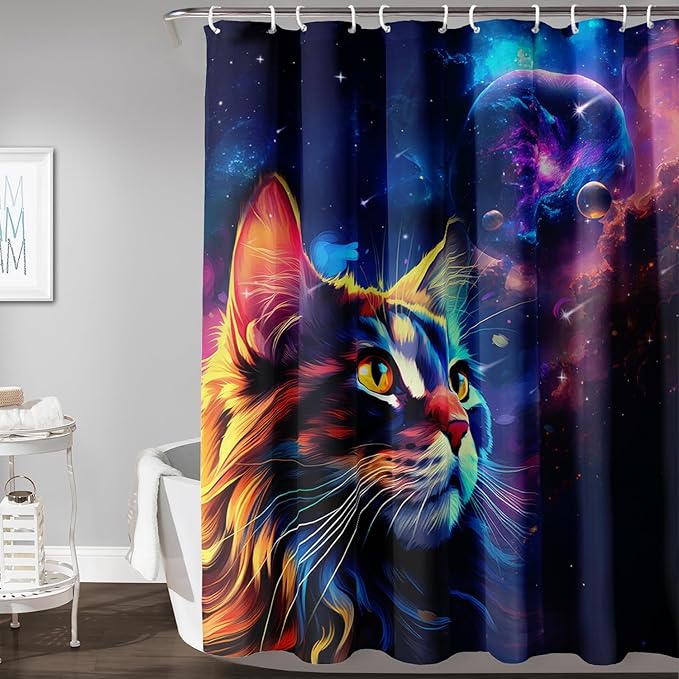 AILONEN Cat Shower Curtains for Kids,Galaxy Cat Curtains Gifts for Cat Lover,Animal Theme Bath Curtains for Bathroom Decor,72" W*96" H Polyester Waterproof with 12 Plastic Hooks