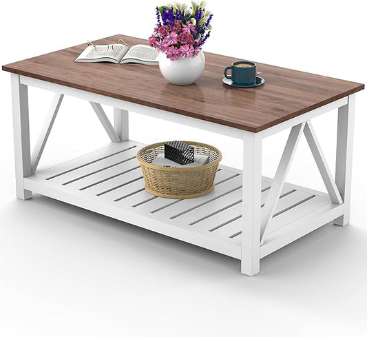 40" Farmhouse Coffee Table | Vintage Rustic Wooden Coffee Table with Lower Shelf for Living Room, Dorm, Office, Bedroom Center Table - Brown