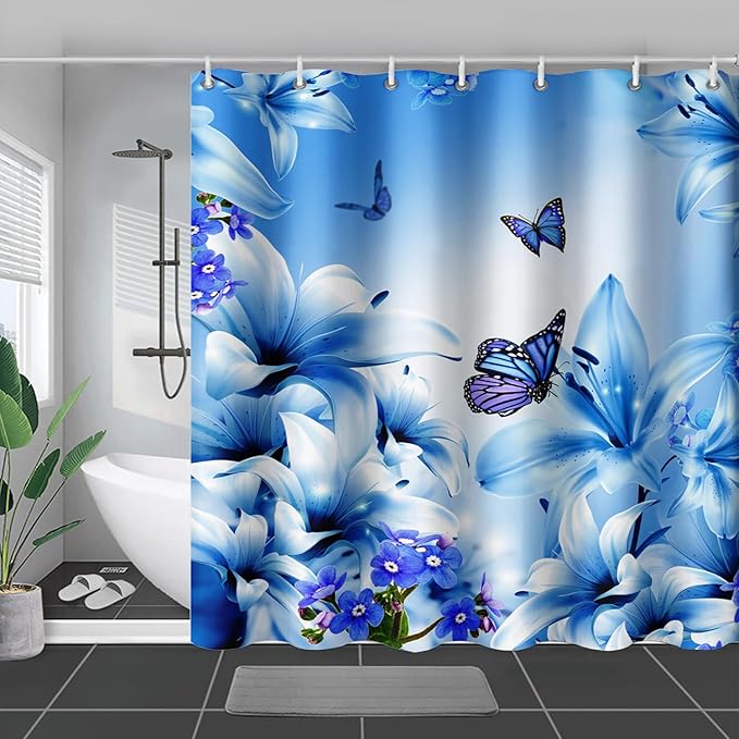 AILONEN Girls Butterfly Shower Curtain for Bathroom,Modern Botanical Floral Tulip Lily Flower Blue Butterfly Decor Bath Curtain 72" W*72" H Polyester Fabric Waterproof Bathroom Curtain with 12 Hooks