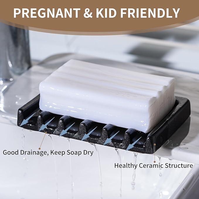 Self Draining Premium Ceramic Soap Dish, Bar Soap Holder, Waterfall Soap Dish, Shower Soap Holder Sponge Holder Soap Tray Soap Savers for Bathroom, Shower, Kitchen, Sink and Countertop