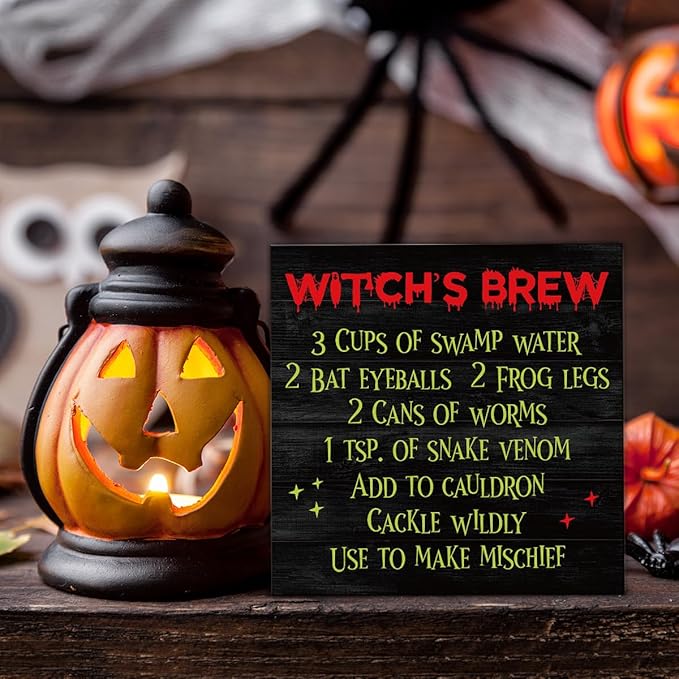 Halloween Witch's Brew Wooden Sign Decor - Kitchen Desk Block Sign for Home Table Shelf - 5 x 5 Inch