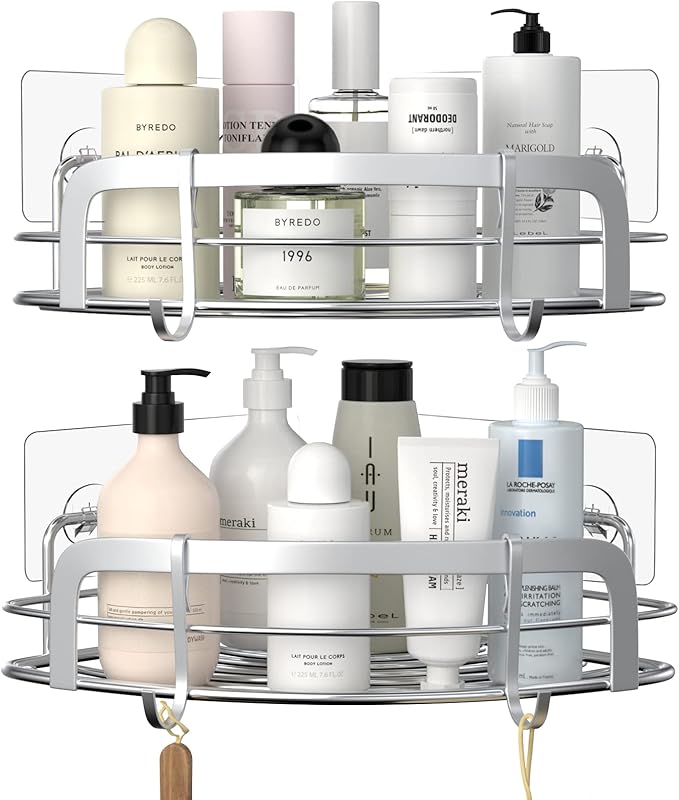 STEUGO 2 Pack Shower Caddy Corner, Bathroom Corner Shower Shelfs, Adhesive Wall Mounted Shower Caddy with 4 Movable Hooks, No Drilling Shower Shelf, Stainless Steel Silver.