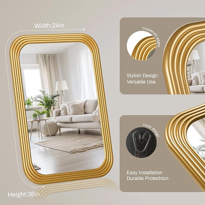 40x28 Inch Rectangle Wall Mirror with Wood Frame,Glod Rounded Corners,Wall Mounted for Bathroom Vanity,Living Room,Bedroom,Entryway