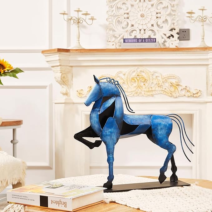 Horse Statue, Unique Metal Art Sculpture for Vintage Home Decor, Modern Decor, Gift for Horse Lovers (Blue)