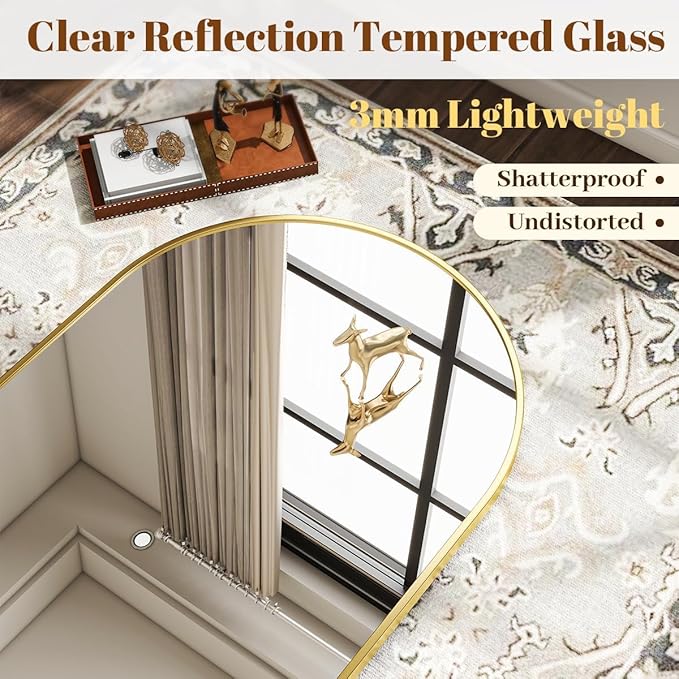 Arched Wall Mirror, 32 x 48 inch Arch Bathroom Mirror, Wall Mounted Vanity Mirror with Arch Metal Frame, Modern Bathroom Vanity Mirror for Bedroom, Living Room, Hanging or Leaning, Gold