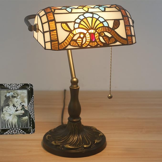Tiffany Style Bankers Table Lamp Stained Glass Piano Desk Lamp Vintage Bedroom Bedside Lamp for Study,Antique Alloy Base,Zipper Switch,Green Baroque a