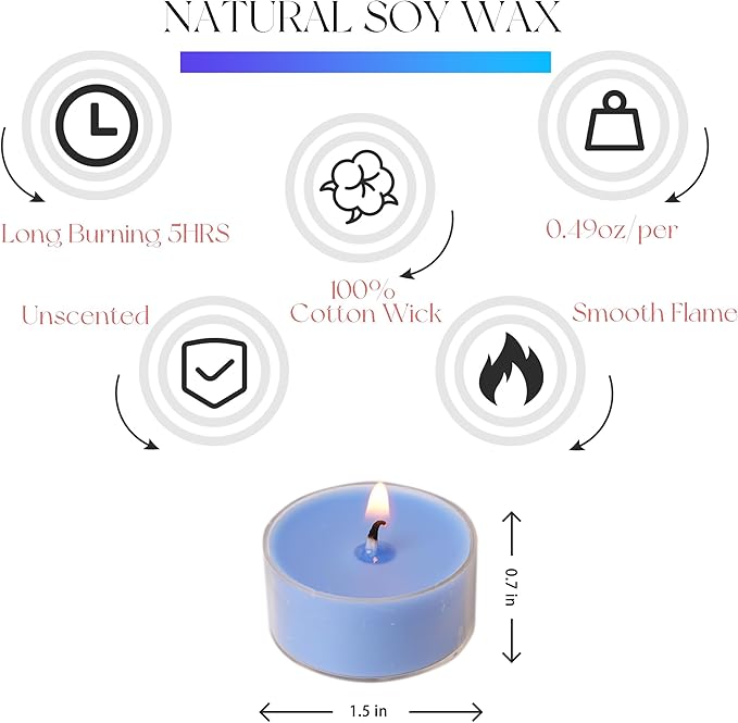 12 Unscented Natural Soy Tealight Candles in Clear Cups, 5H Long Clean Burning, Hand-Poured Blue Mini Tea Candle Set for Parties, Spa, Meditation, Gift, Holiday, Emergency, Home Decor