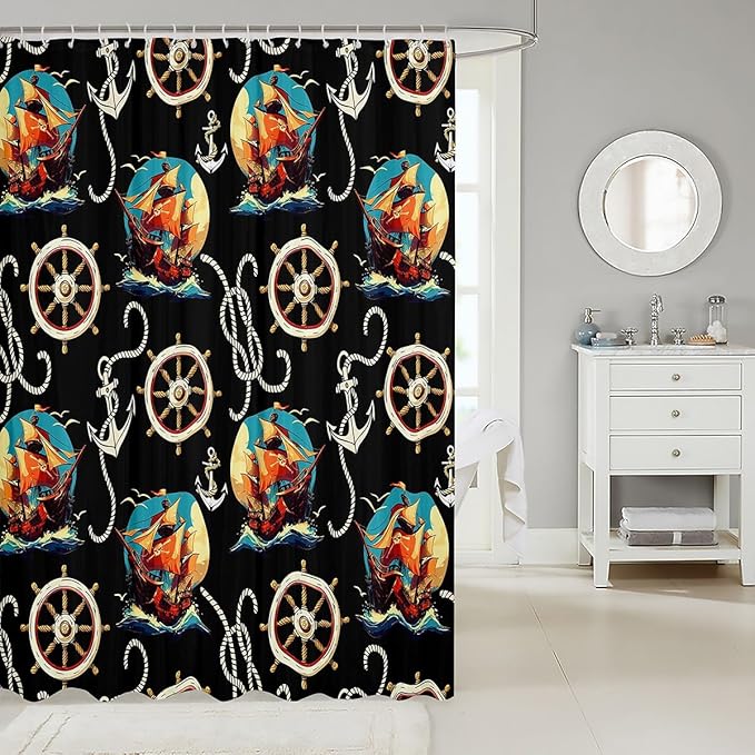 Feelyou Pirate Ship Shower Curtain Ocean Sailing Themed Fabric Shower Curtain for Kids Boys Girls Anchor and Rudder Bathroom Waterproof Accessories with 12 Hooks Black Curtains,72X78 Inches