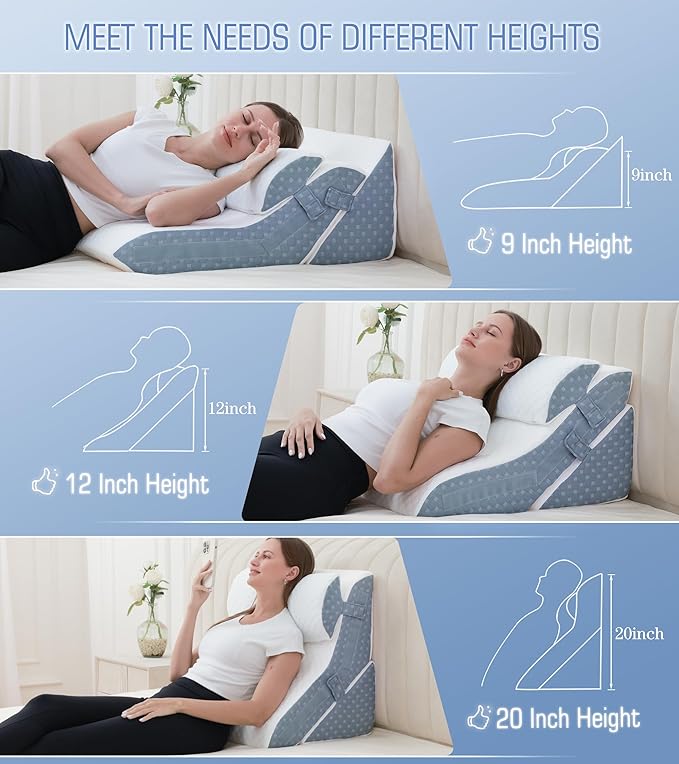 Bed Wedge Pillow for Sleeping, 20-in-1 Adjustable Pillow Wedge Acid Reflux Pillow, 9 &12 & 20 Inch 3-in-1 Incline Wedge Pillow for Back Pain Relief, Gerd, Snoring