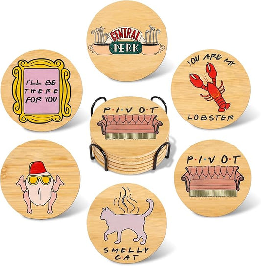 Friends TV Show Merchandise - Friends Coasters Set of 6,Friends TV Show Gifts for Women,Wooden Coasters for Drinks with Coaster Holder,Friends TV Show Decor