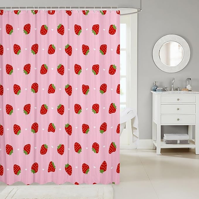 Feelyou Girls Strawberry Fabric Shower Curtain Kawaii Strawberry Shower Curtain Kids Boys Girls Pink Cartoon Fruit Food Theme Bathroom Waterproof Accessories with 12 Hooks Kawaii Curtains,72x72 Inches