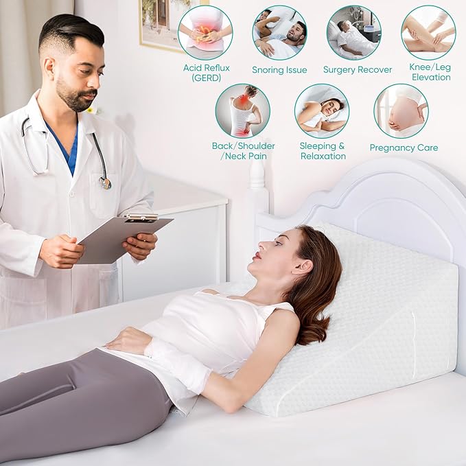 Bed Wedge Pillow for After Surgery Premium 7.5" Wedge Pillow for Sleeping with Memory Foam Top, Triangle Pillow Wedge for Acid Reflux Snoring Post Surgery Leg Elevation Back & Knee Pain Relief -White