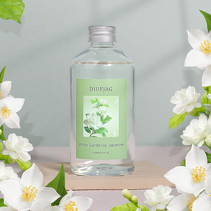 White Gardenia Jasmine Diffuser with 20 Black Fiber Sticks, 6.7 oz Diffusers for Home Essentials Bathroom,Last up to 60 Days