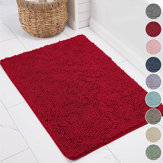 KANGAROO Bathroom Rugs, Chenille Soft Absorbent Bath Rug, Shaggy Shower Mat, Quick Dry Machine Wash Bathmat, Plush Carpet Mats for Tub, Bathtub and Room Home Decor Accessories, 24x17, Red