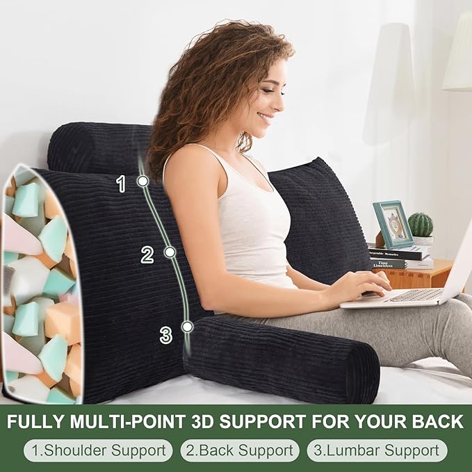 HIGOGOGO Wedge Headboard Pillow, Bed Rest Reading Pillow, Backrest Positioning Support Bolster Cushion with Removable Cover,Queen Size 60X20.4X8.4,Black