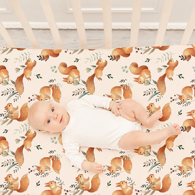 ACRABROS Crib Sheets for Girl Boy: Stretchy Baby Fitted Crib Mattress Sheets Sets 2 Pack Standard Size Ultra Soft Neutral, Squirrel&Leaf