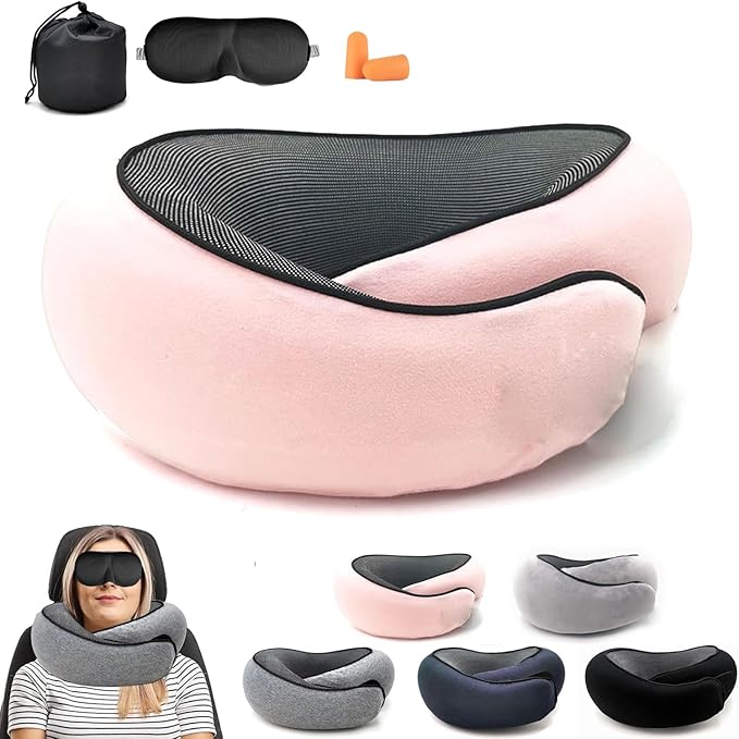 2024 Memory Foam Neck Pillow 360 Degree Neck Support Travel Pillows for Airplanes and Long Flight Travel Neck Pillow (Pink)