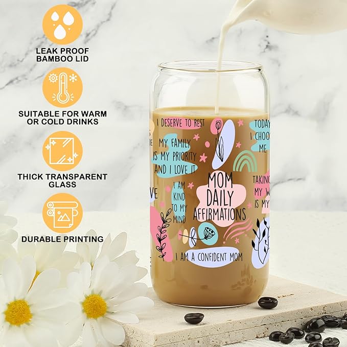 Gifts For Mom - Mom Daily Affirmations Cup for Mother's Day from Daughter, Son - Birthday Gifts For Women, Mama, Stepmom, Her, Wife, Bonusmom, New Mum - 16oz Iced Coffee Glass Cup with Straw Lid