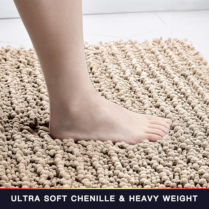Walensee Bathroom Contour Rug Non Slip Toilet U Shaped Bath Mat (20x24, Beige) Water Absorbent Super Soft Shaggy Chenille Machine Washable Dry Extra Thick Perfect Absorbant Best Plush Carpet