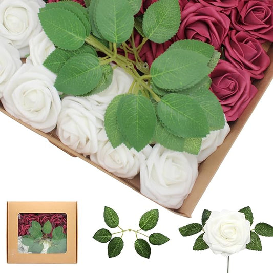 Artificial Flowers White Roses Real Looking Foam Fake Roses with Leaves and for DIY Wedding Bouquets Bridal Shower Centerpieces Party Decorations (Wine red & White, 50)