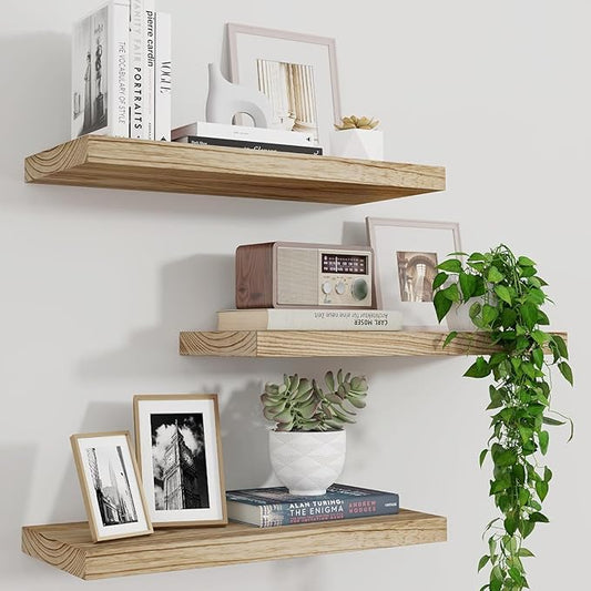 Wood Floating Shelves for Wall Set of 3, 17 Inch Wide Rustic Wooden Floating Shelves, Invisible Wall Mounted Display for Living Room Bedroom Kitchen Bathroom Office, Carbonized Black