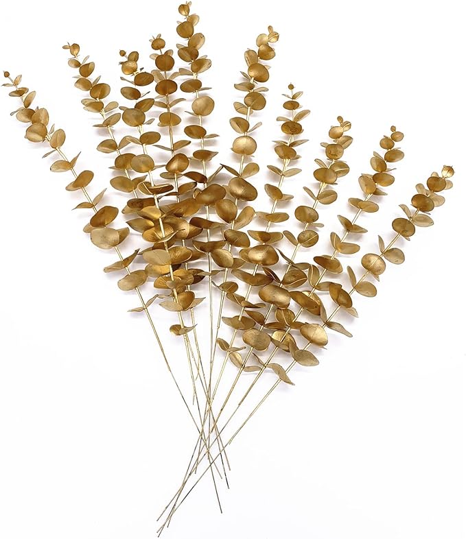 CATTREE Artificial Gold Eucalyptus, Faux Plastic Golden Plants 19" Tall 10 Pcs, Wreath Decorations Fake Shrubs for Wedding Hotel Hall Party Indoor Home Table Centerpieces DIY Decor Planting Filler