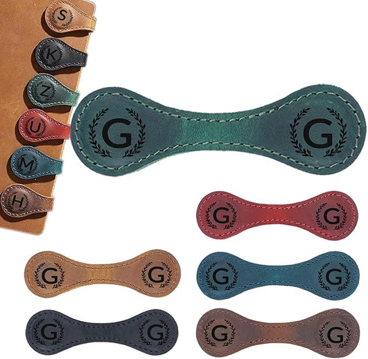 Magnetic Leather Bookmark with 26 Initial for Reading Women,Personalized Magnet Book Marks Gifts for Men,Book Lovers (Green, G)