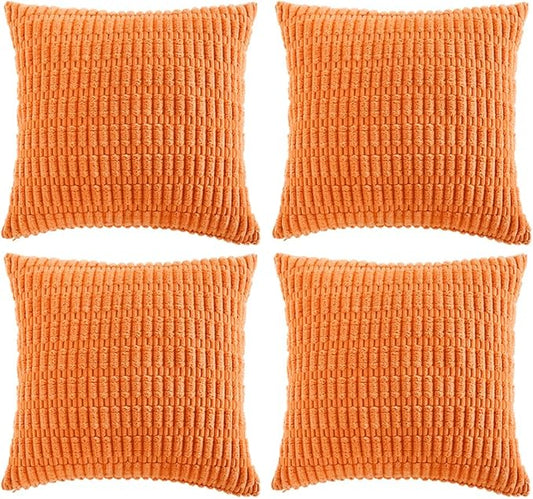 Fancy Homi 4 Packs Orange Fall Decorative Throw Pillow Covers 26x26 Inch for Couch Living Room Bed Sofa, Halloween Pumpkin Autumn Home Decor, Soft Cute Plush Corduroy Striped Cushion Case 66x66 CM