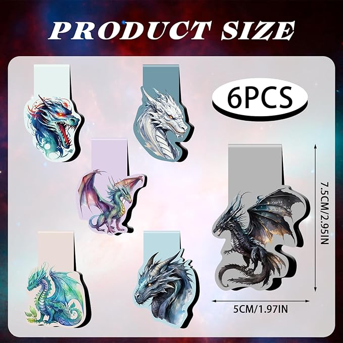 Dragon Magnetic Bookmark Gift - 6Pcs Rider Bookmarks Cool Animal Book Mark Magnets Fantastic Page Clip for Book Lovers Students Reading Gifts