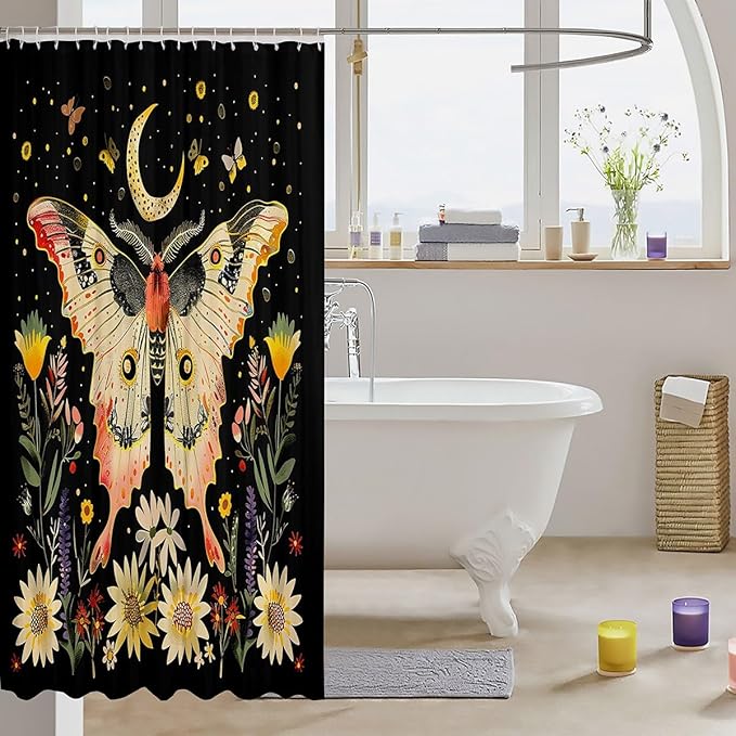 Feelyou Boho Butterfly Fabric Shower Curtain Bohemian Moth Shower Curtain for Kids Boys Girls Moon Galaxy Bathroom Waterproof Accessories with 12 Hooks Flower Weed Botanical Curtains,72X84 Inches