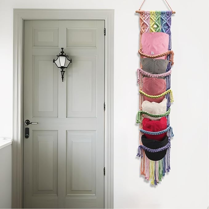 2PCS Macrame Cap Holder Boho Hat Hangers Over Door Decorative Bohemian Handmade Ball Cap Rack Organizer Woven Wall Hanging for Baseball Cap Display Decorations (Rainbow, Up to 24 Caps)