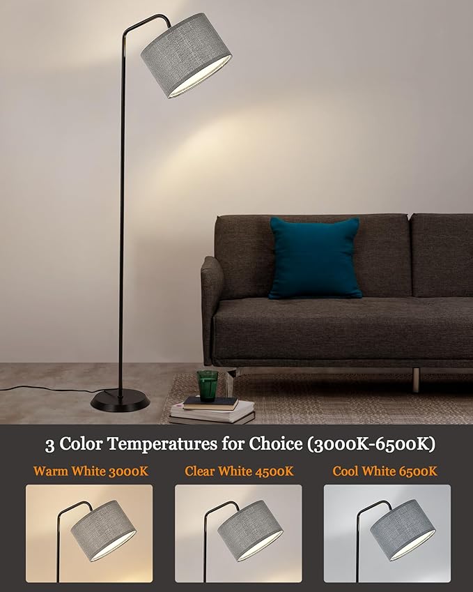 ELYONA LED Floor Lamp for Bedroom 3 Color Temperatures Modern Reading Standing lamp with Adjustable Hanging Grey Linen lampshade Tall Pole Metal Lamp with 9W Bulb Living Room Office Gray