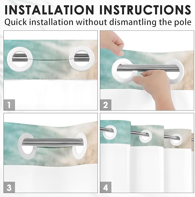 Beach Ocean No Hook Shower Curtain with Snap in Liner, Starfish Shell Sea Bath Curtain with Double Layers Waterproof Fabric and Mesh Top Window 71x74 Inch