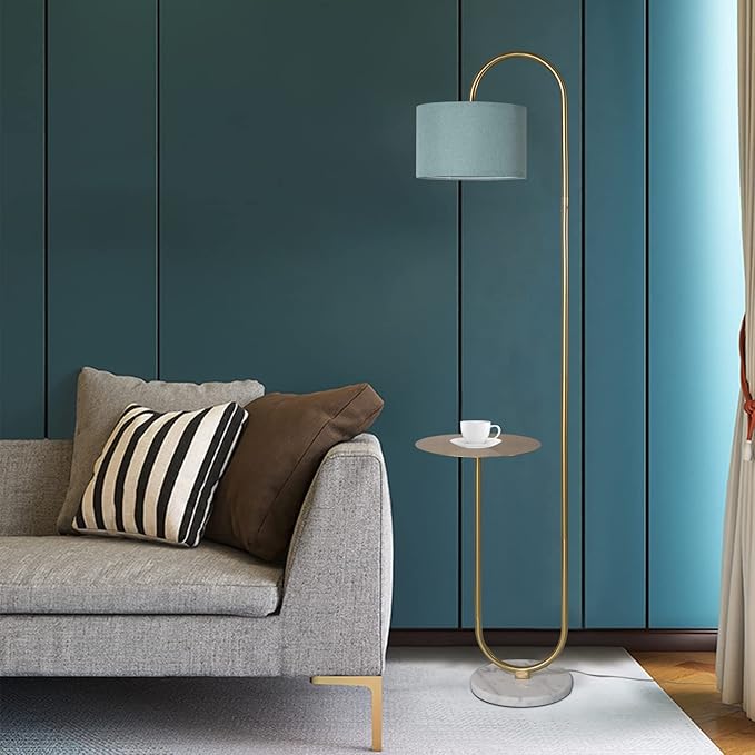 Hsyile KU300272 Arc Floor Lamp with Hanging Drum Shade for Living Room-Marble Base Modern Tall Stand Up Light with Table, Contemporary Over The Couch Gold Lamp Standing Lamps for Bedroom Office