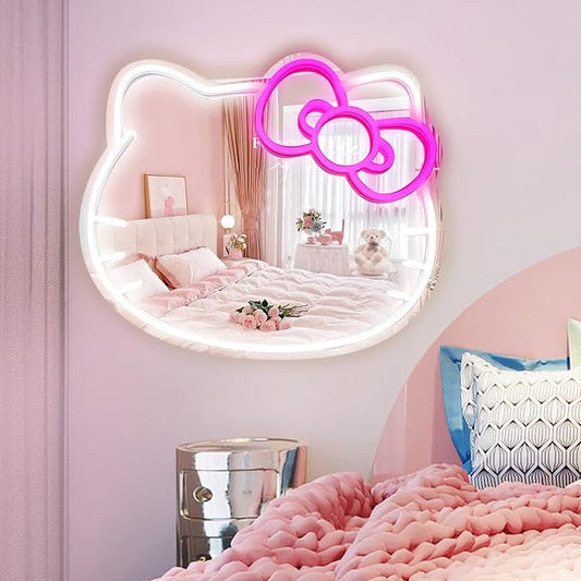 Anime Hello Kit Mirror with Light Neon Signs for Wall Decor, Neon Mirror with Dimmable for Teen Girl Gift，Makeup Mirror neon Sign Room Decor (14.6 * 12.2 inch)