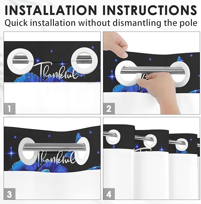 Blue Rose Floral No Hook Shower Curtain with Snap in Liner, Butterfly Flower Grateful Blessed Bath Curtain with Double Layers Waterproof Fabric and Mesh Top Window 71x74 Inch