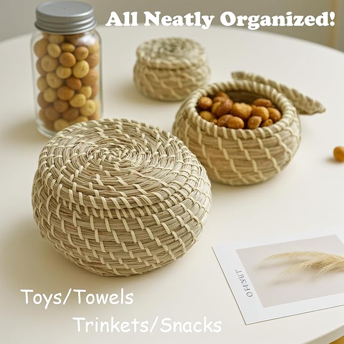 Set of 9 Round Woven Seagrass Baskets, Small Wicker Basket with Lid, Little Handmade Rattan Storage Basket Box for office, bedroom, living room