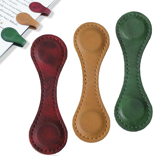 3Pcs Magnetic Leather Bookmarks for Women & Men, Vintage Faux Leather Book Mark, Double-Sided Magnetic Bookmarks Book Accessories, Book Lover Gifts for Students Mothers Day Gift (Red+Brown+Green)