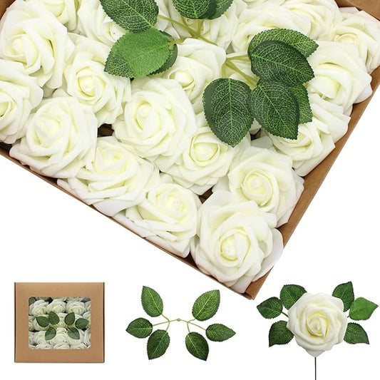 100PCS Artificial Flowers Milk White Roses Real Looking Foam Fake Roses with Leaves and for DIY Wedding Bouquets Bridal Shower Centerpieces Party Decorations (Ivory, 100)