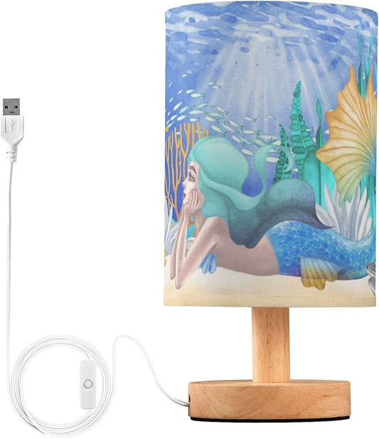 Table Lamp Watercolor Mermaid Girl Seahorse Fish Coral Ocean Sandy Sunshine Nightstand Lamp with Wood Base Fabric Lamp Shade Bedside Desk Lamp for Living Room Bedroom Kids Room Office